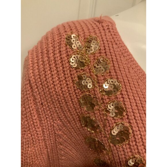Miss Me Pink Knit Sweater  W/ Gold Sequins & Flounce Sleeves, Size L - Picture 6 of 10